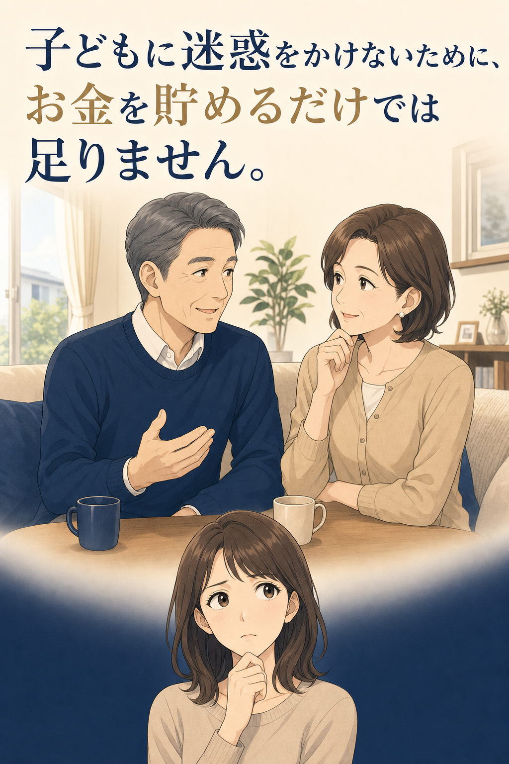 老後の備えについて話す夫婦と、その備えを心配する娘