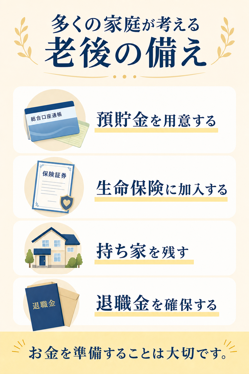 預貯金、生命保険、持ち家、退職金という老後の備えを示した図
